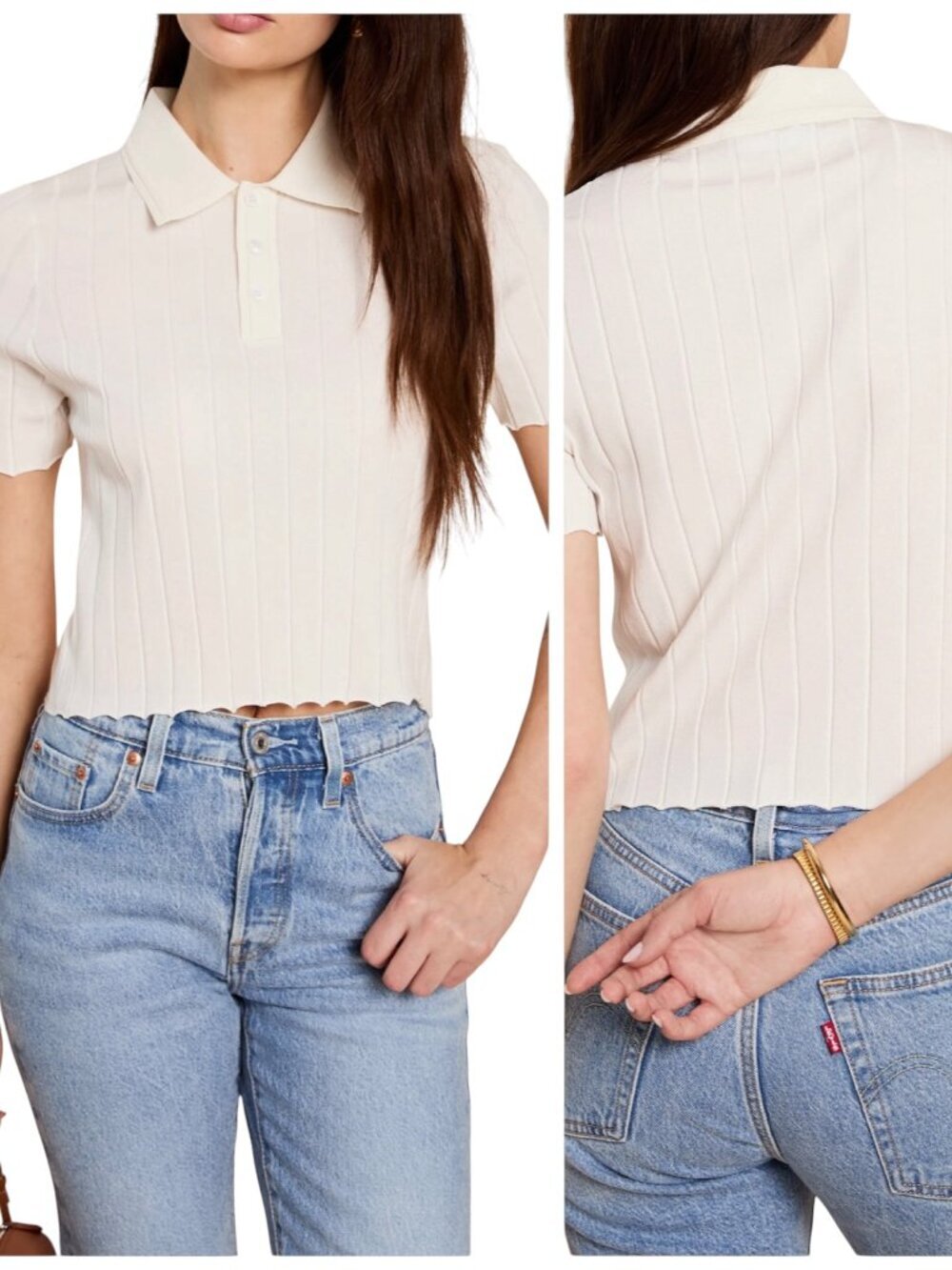 Caara Briony Ribbed Polo Knit Top White Short Sleeve Small NWT